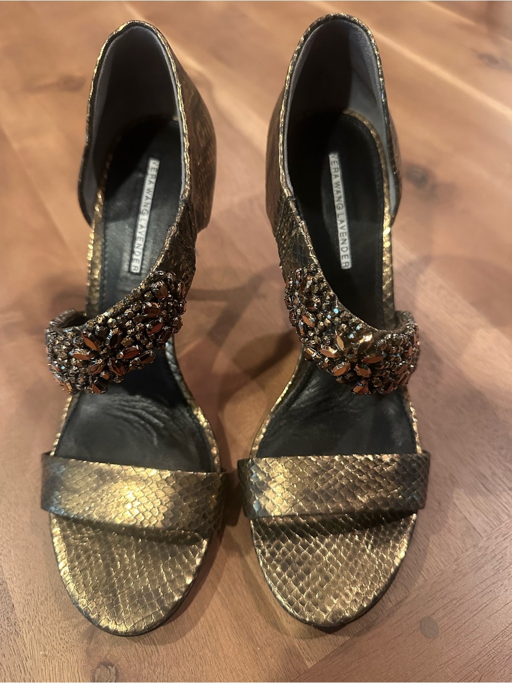 Vera Wang Lavender Label Gold Jeweled Snake-Embossed Ankle-Strap Heels